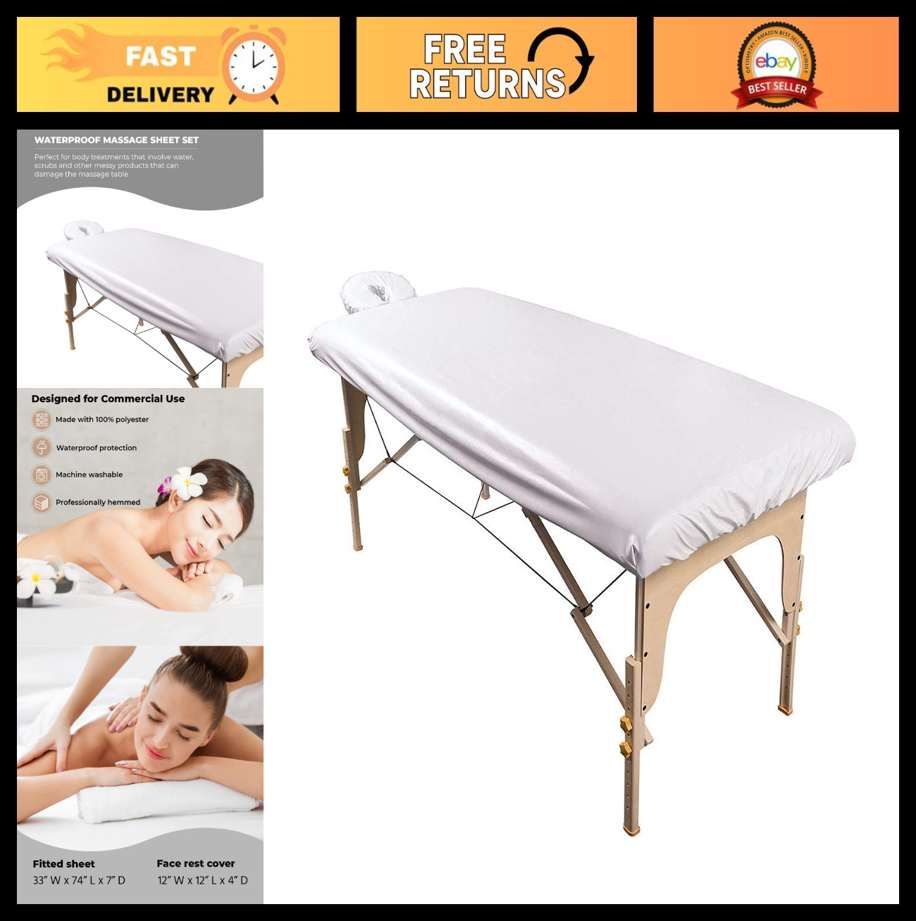 Waterproof Massage Table Cover Set - Fitted Sheet & Face Rest Cover, Machine Was