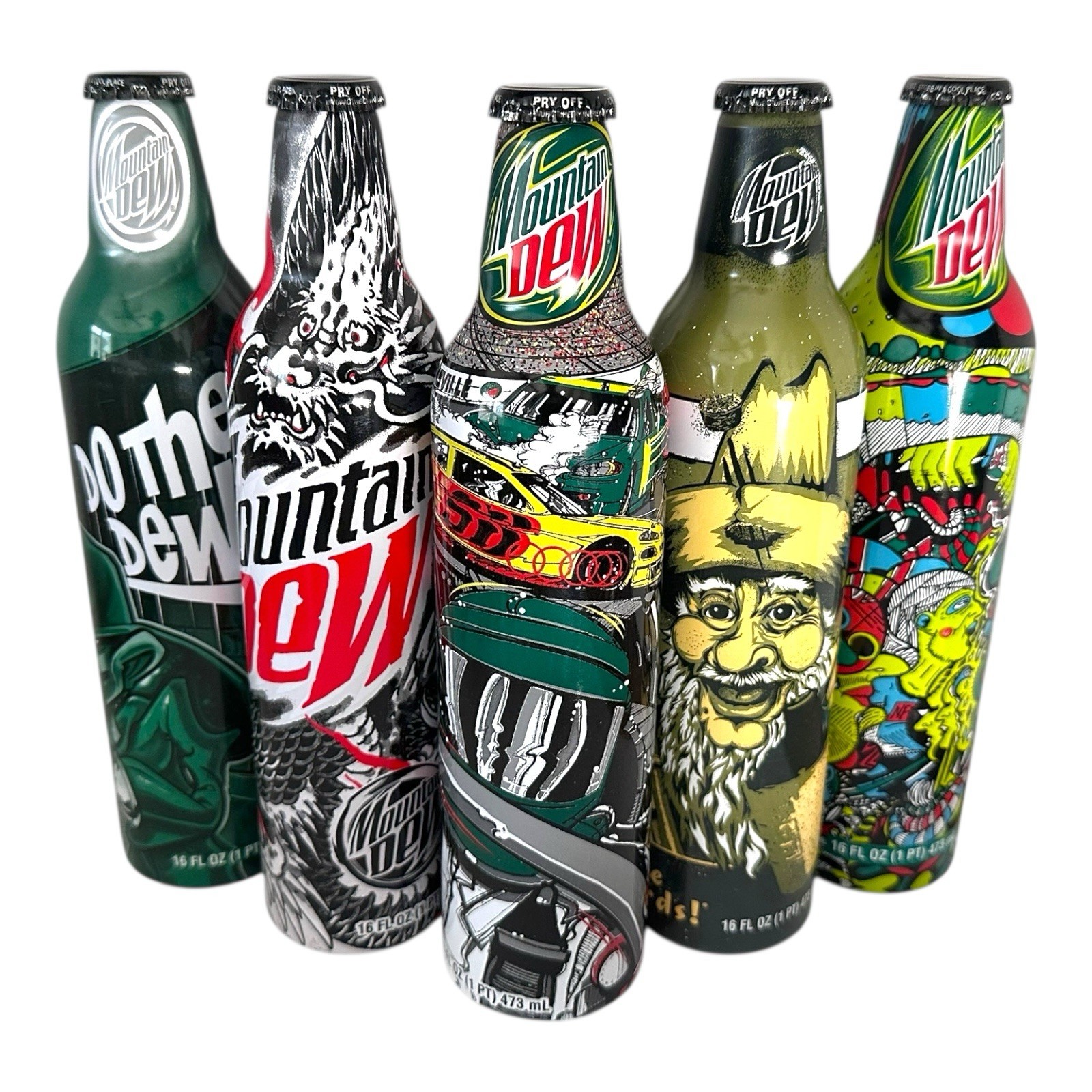 Lot Of 5 Mountain Dew Green Label Art 2008 Aluminum Bottles Unopened New