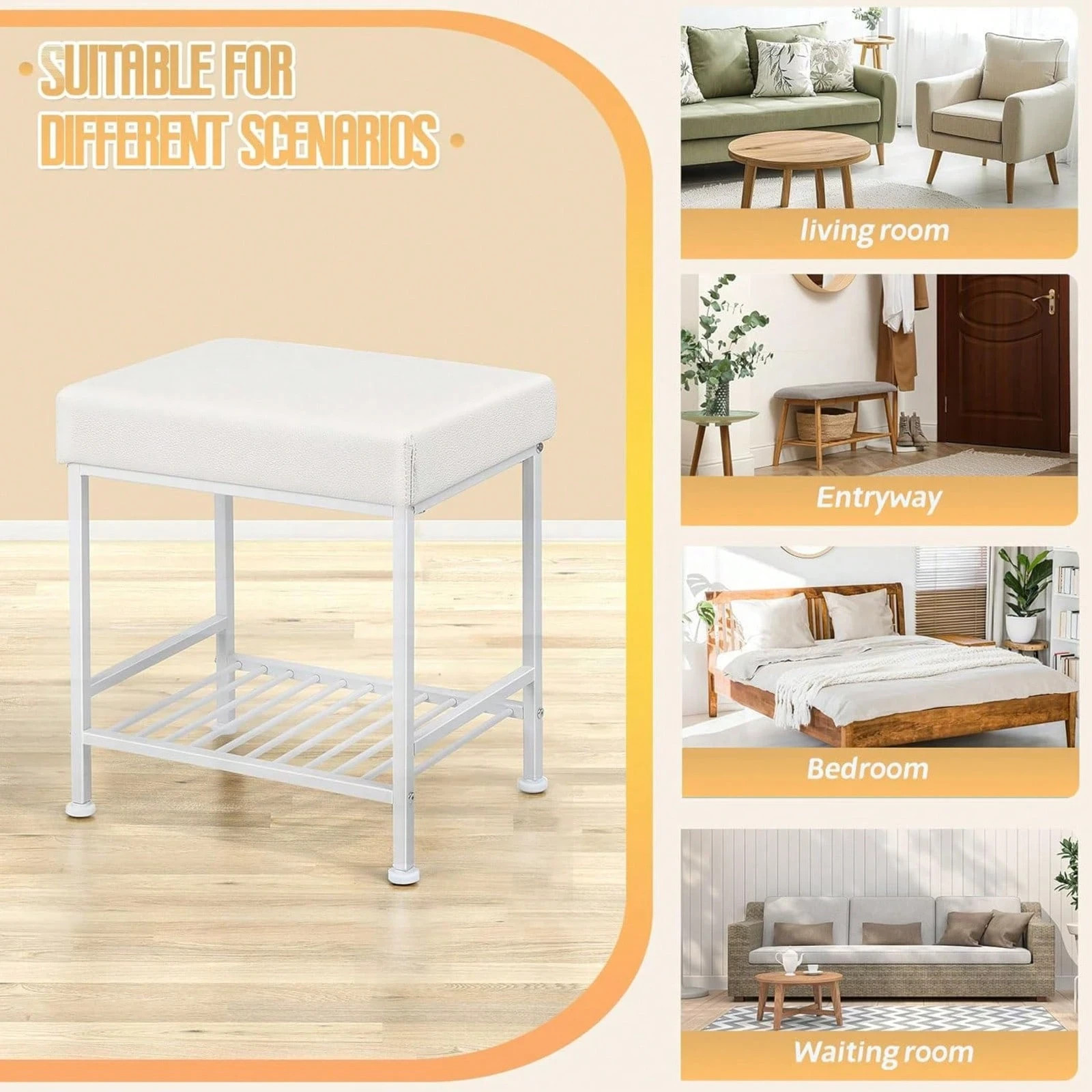 Storage Vanity Stool - Adjustable Square Ottoman With Leather, White