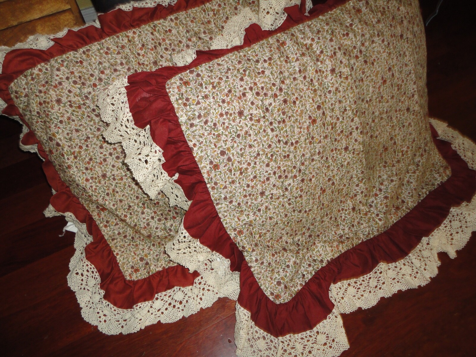 CROCHETED RUFFLED LACE BURNT ORANGE CREAM FLORAL (2) STANDARD PILLOW SHAMS