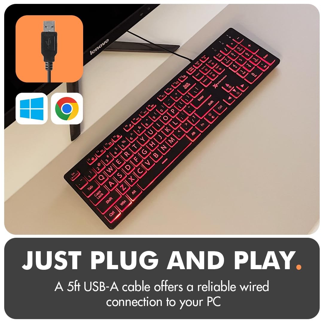 X9 Large Print Backlit Keyboard | Wired Light Up Computer Keyboard for PC Des...