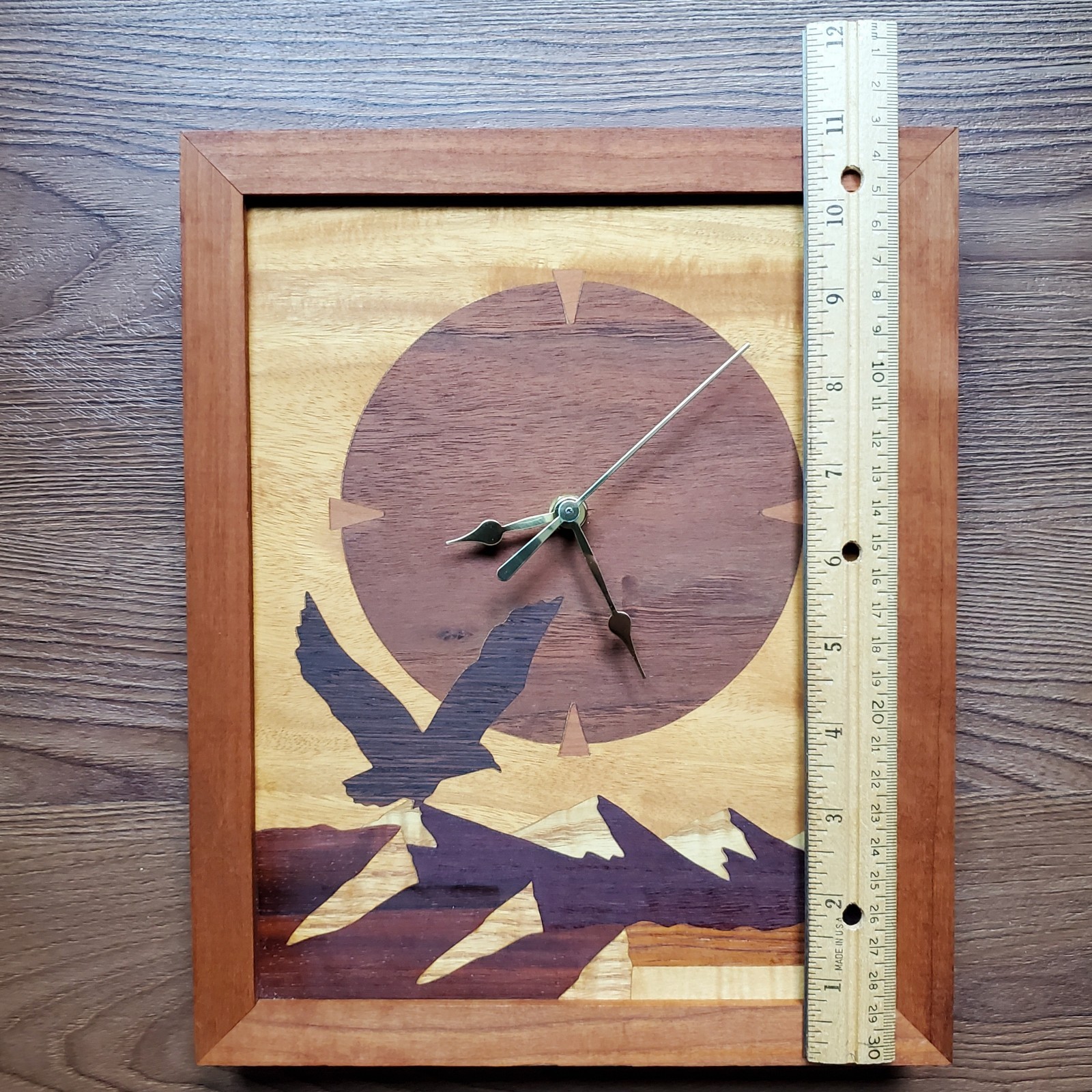 Vtg Inlay Wood Marquetry Wall Clock Handmade Mountains Eagle