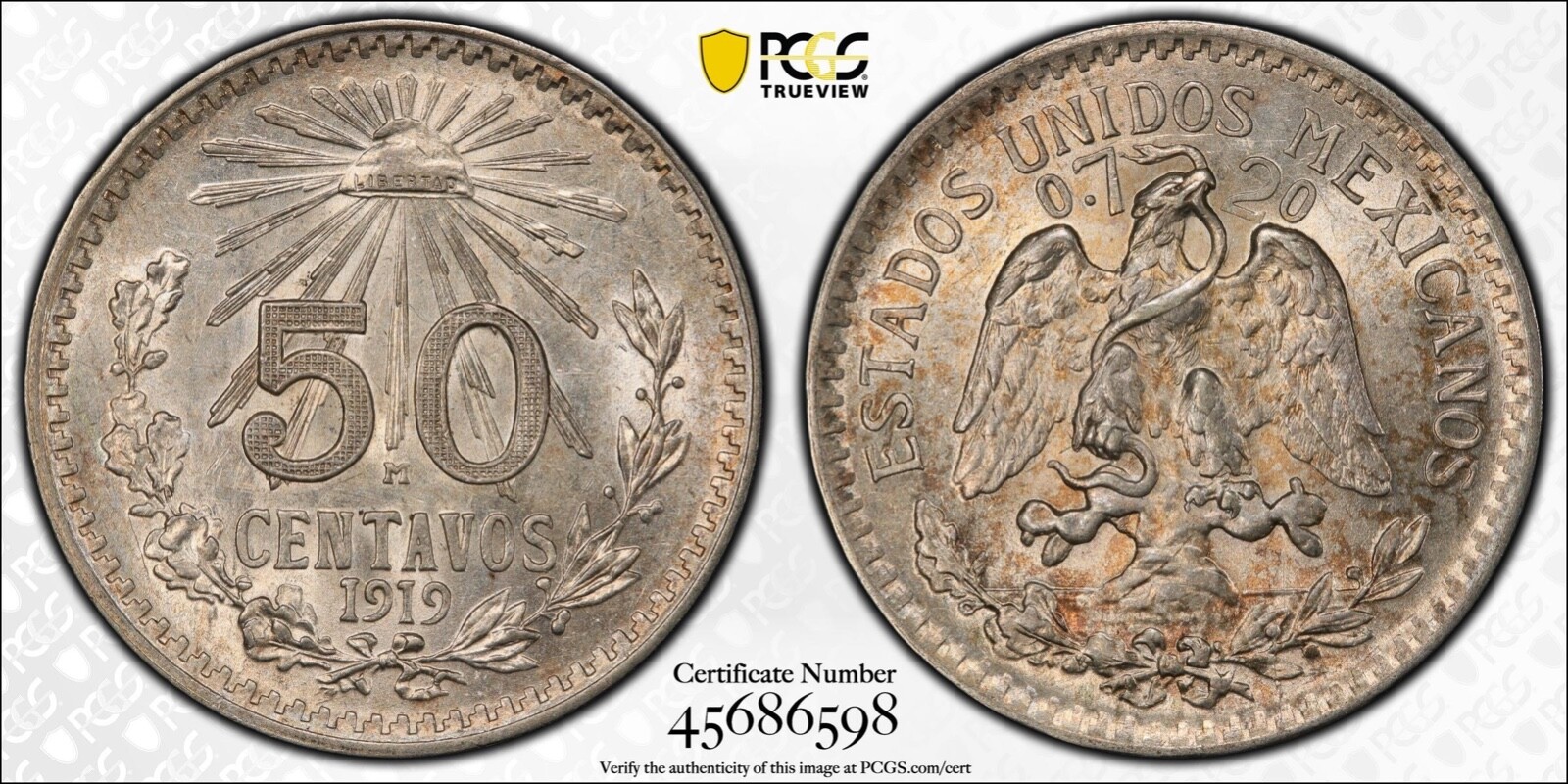MEXICO ESTADOS UNIDOS 1919 50 CENTAVOS COIN CERTIFIED UNCIRCULATED PCGS MS-62