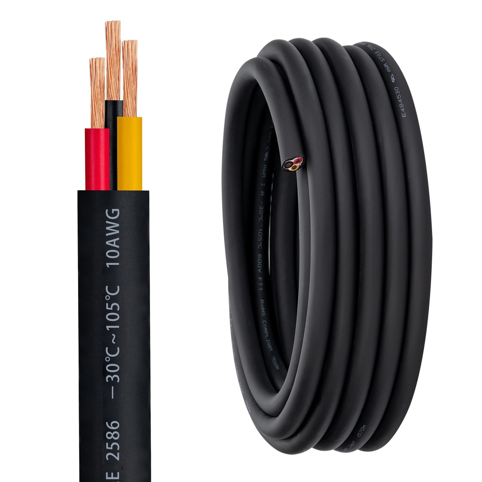 10 AWG 3 Wire Cable 10/3 Extension Cord 26FT 600V 10 Gauge 3 Conductor Wire f...