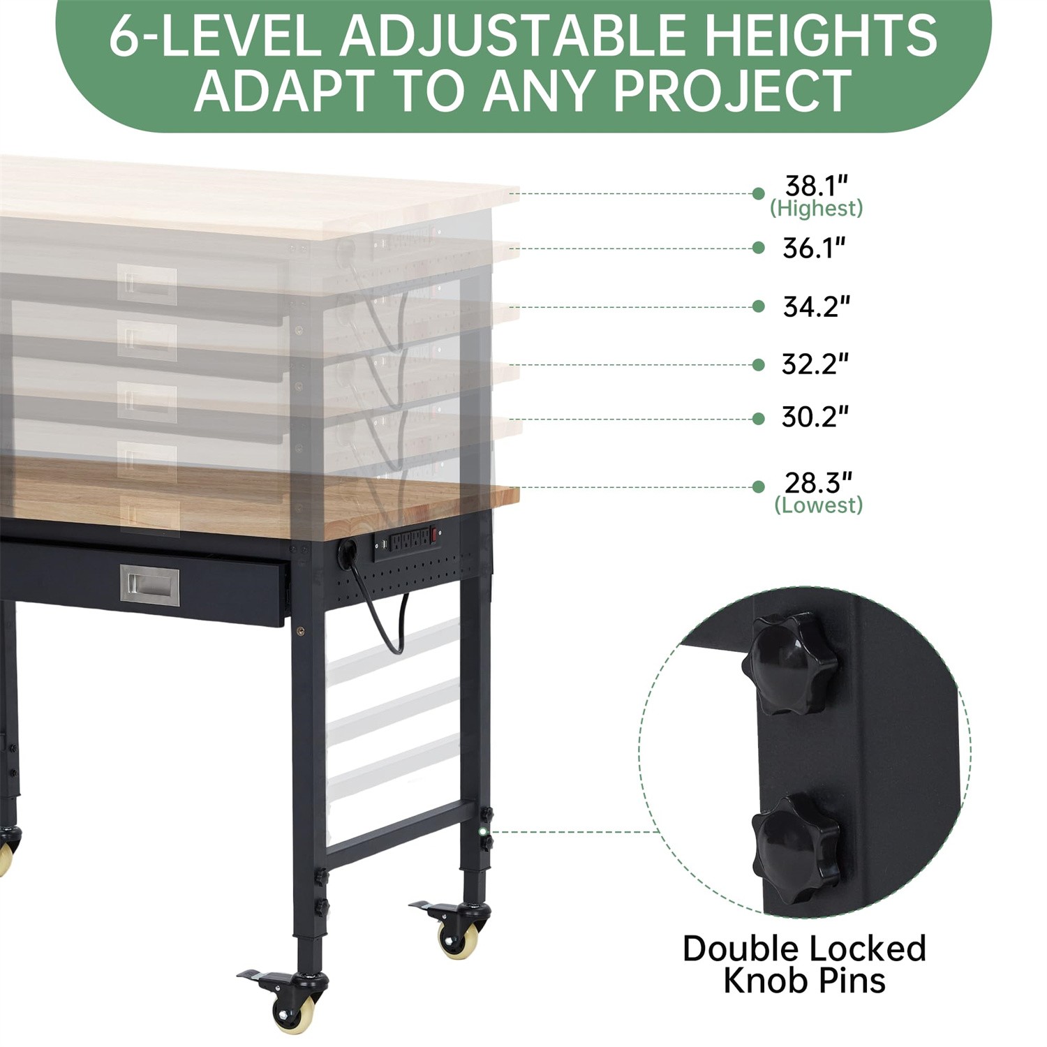 🔥48" Work Benches for Garage Adjustable Workbench 2000 LBS Pegboard Drawers