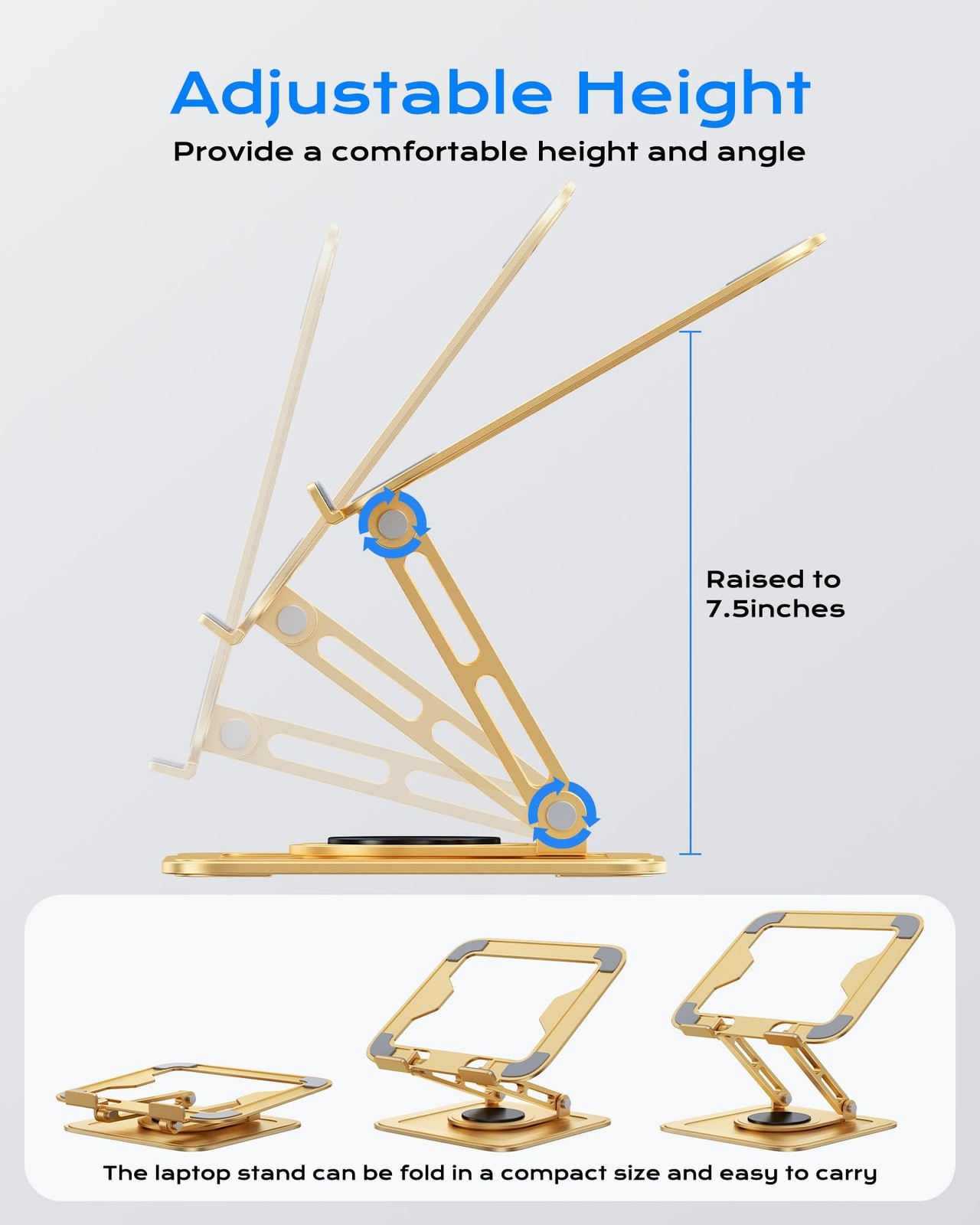 Gold Adjustable Laptop Stand 360 Rotating Base Ergonomic Riser Fits 1016 Inch