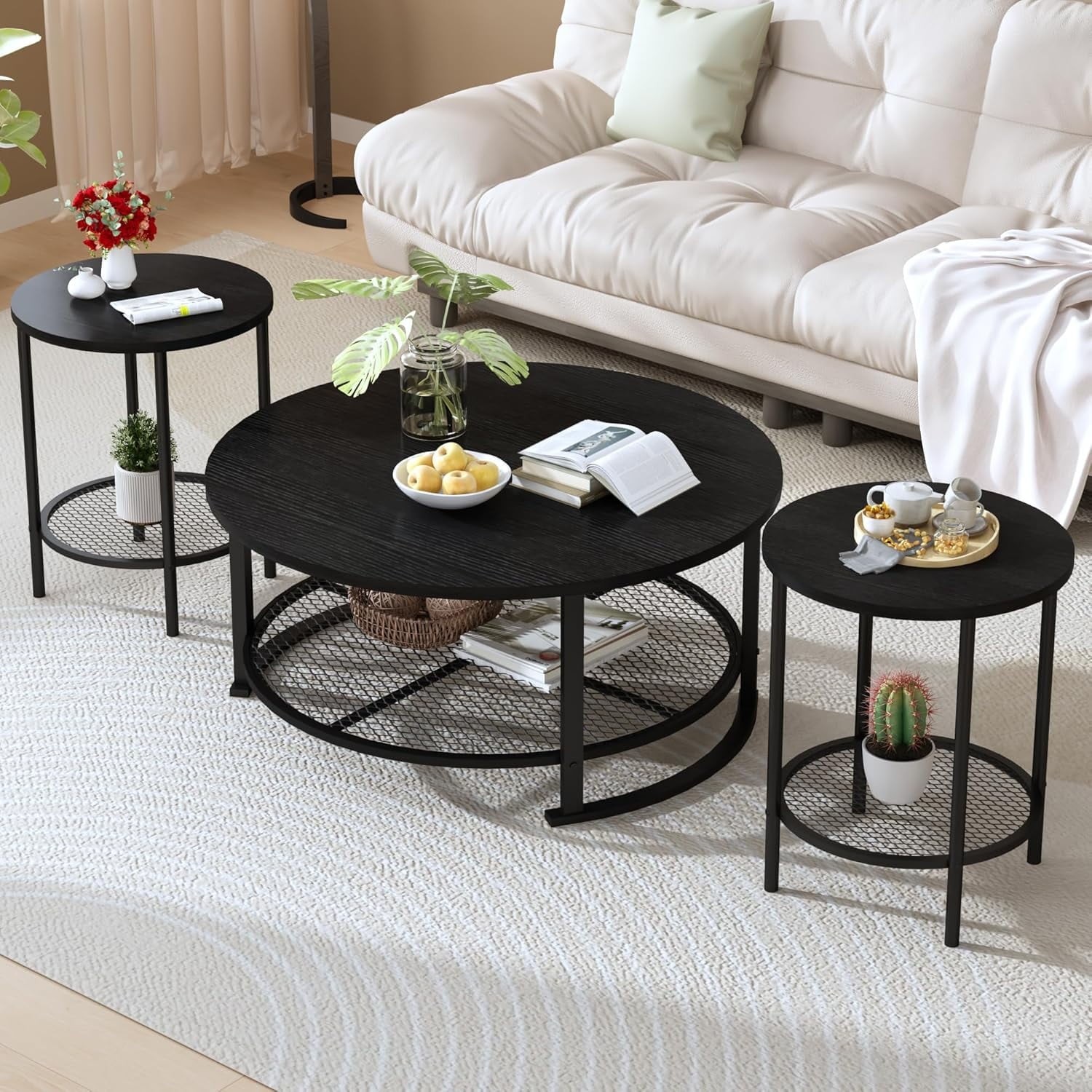 LinkRomat 3-Piece Coffee Table Set with Storage, Round Coffee Table & 2 Matching