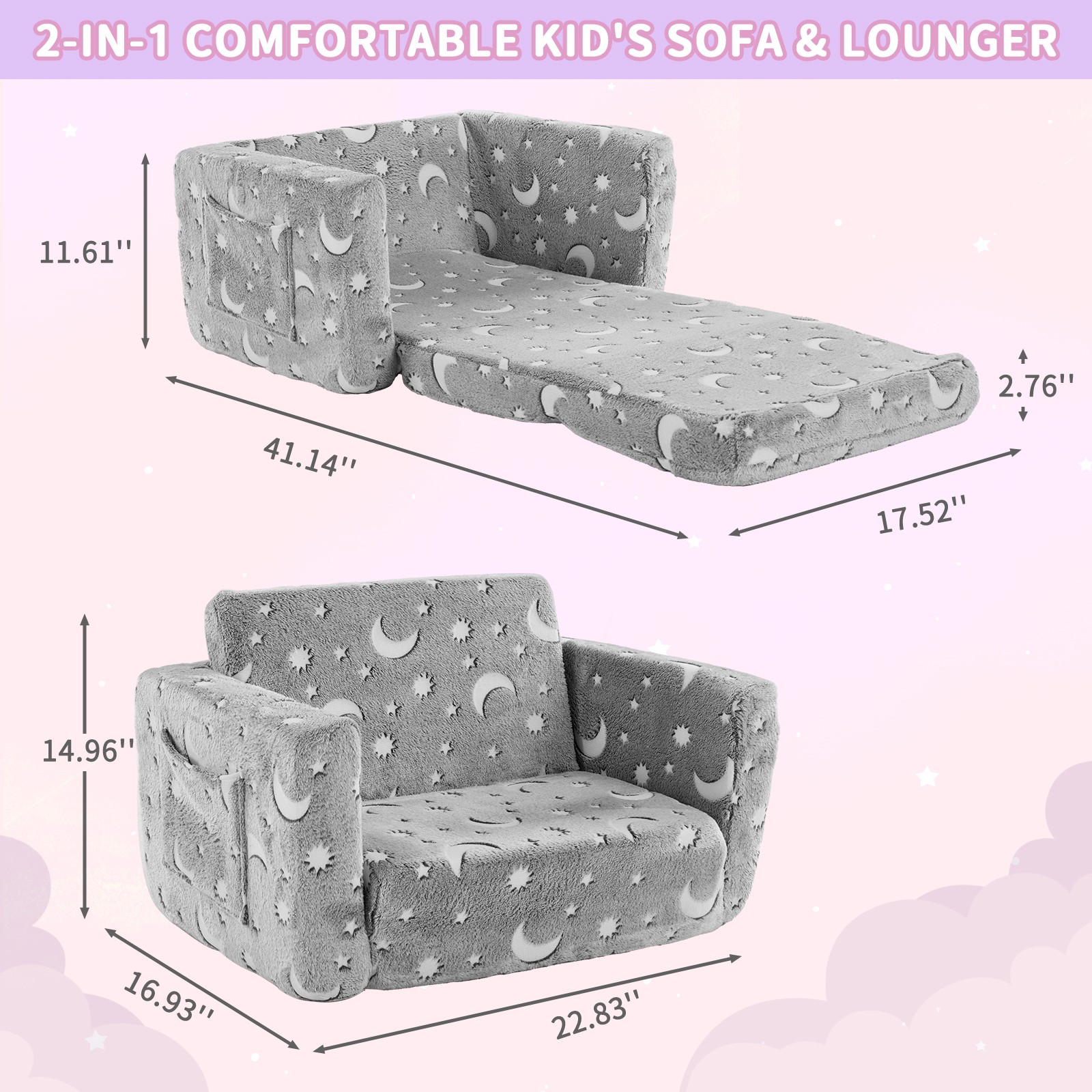 Glow-in-the-Dark Kids Foldable Sofa & Bed 2-in-1 All-Sponge Single Chaise Lounge