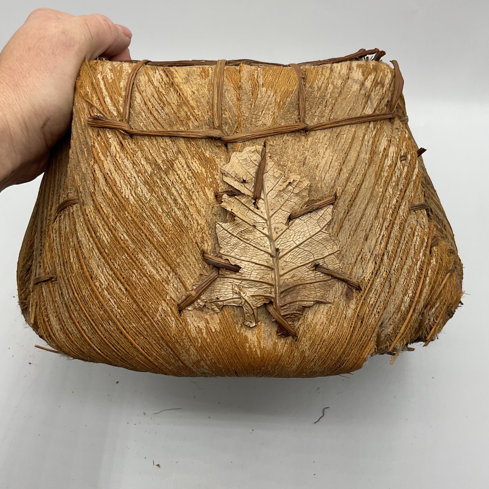 Handmade Palm Husk Sheath Basket Planter 11” Rustic Tiki Boho Tropical