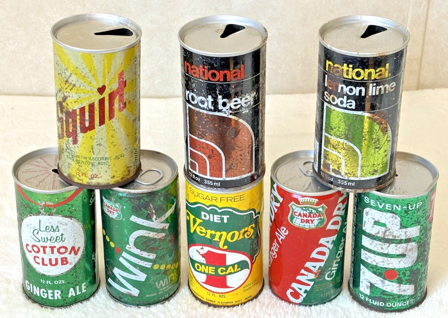 VTG (8) 1970's-National-7-Up-Canada Dry-Vernors-12 oz-(8) Steel Soda-Pop Cans