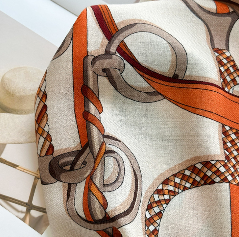 70% Cashmere 30% Silk Shawl 135X135cm Scarf Double Face harness chain Print Wrap