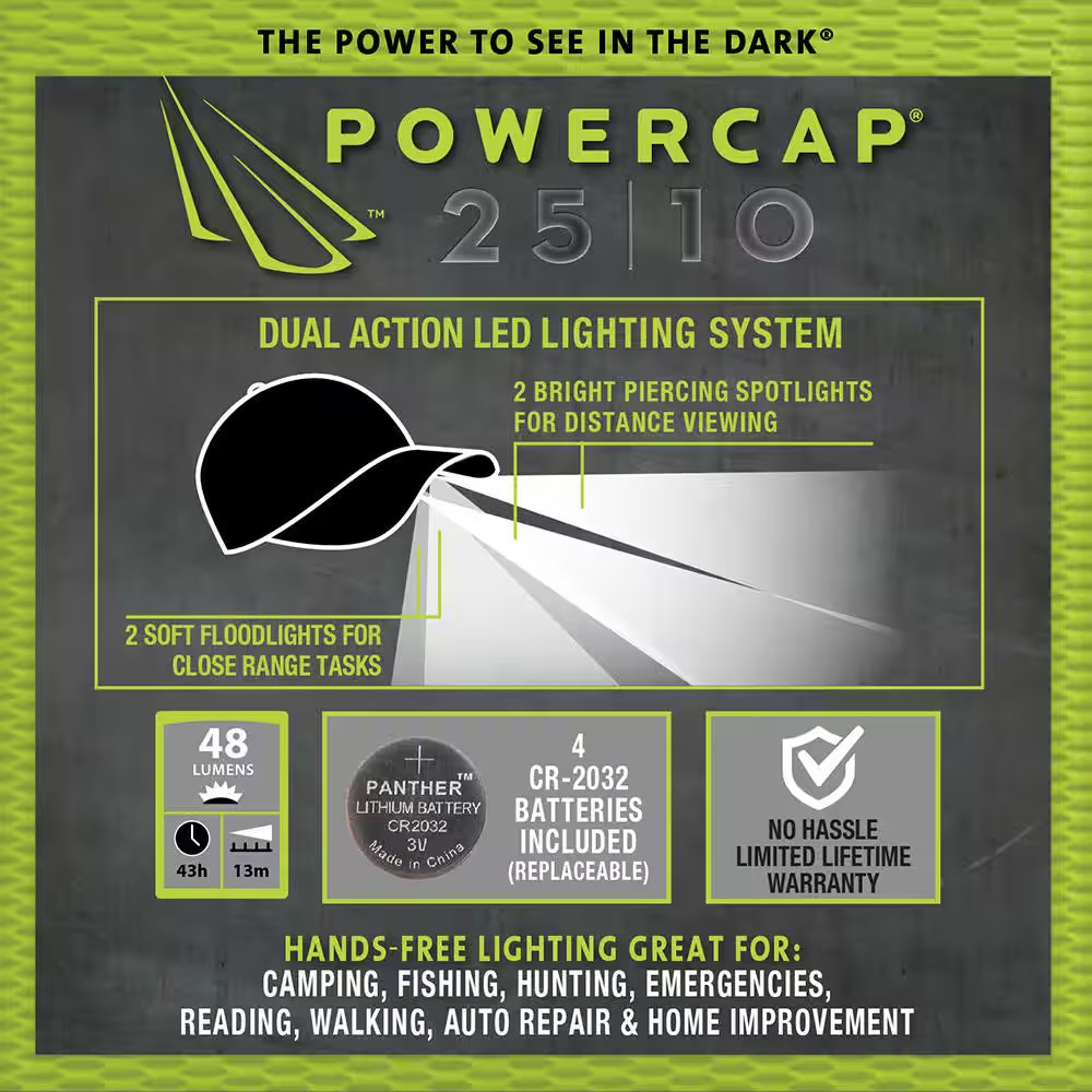 POWERCAP LED Hat 25/10 Ultra-Bright Hands Free Lighted Battery Powered Headla...