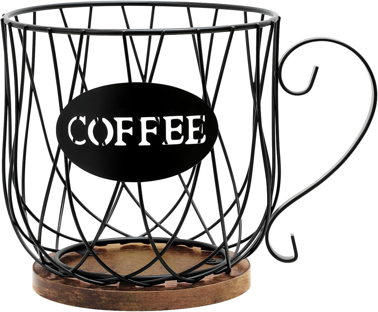 Rustic Metal K Cup Coffee Pod Holder, Large Wire Coffee Pod Basket | Wooden Base