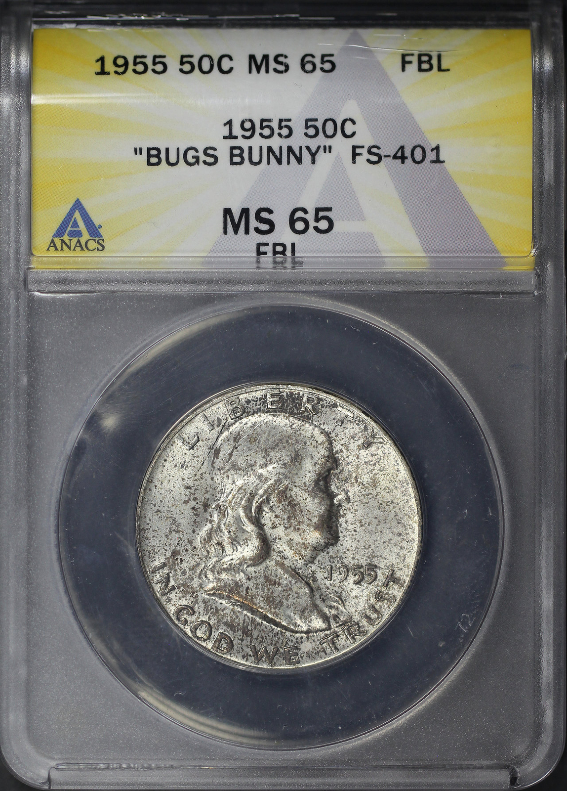 1955 Franklin Half Dollar "Bugs Bunny" FS-401 ANACS MS-65 FBL