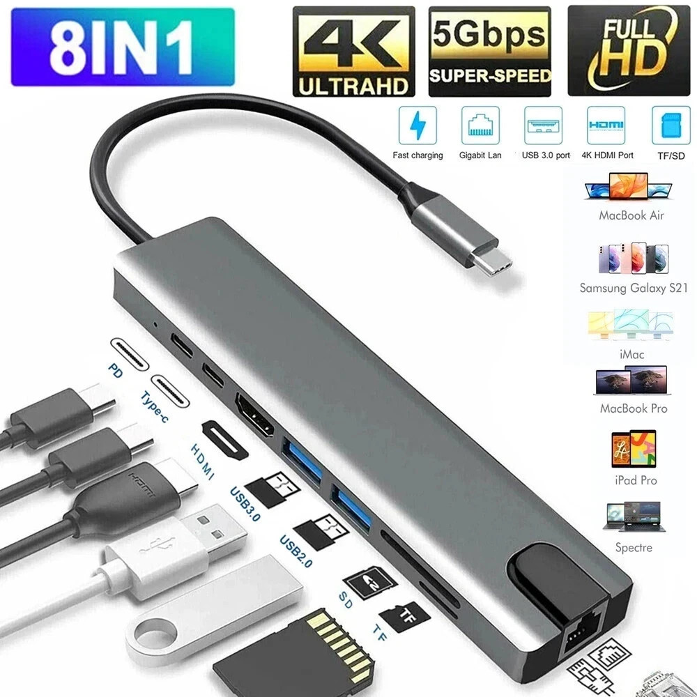 8 in 1 USB-C Hub Type C To USB 3.0 4K HDMI PD Adapter For iPhone Macbook Pro Air