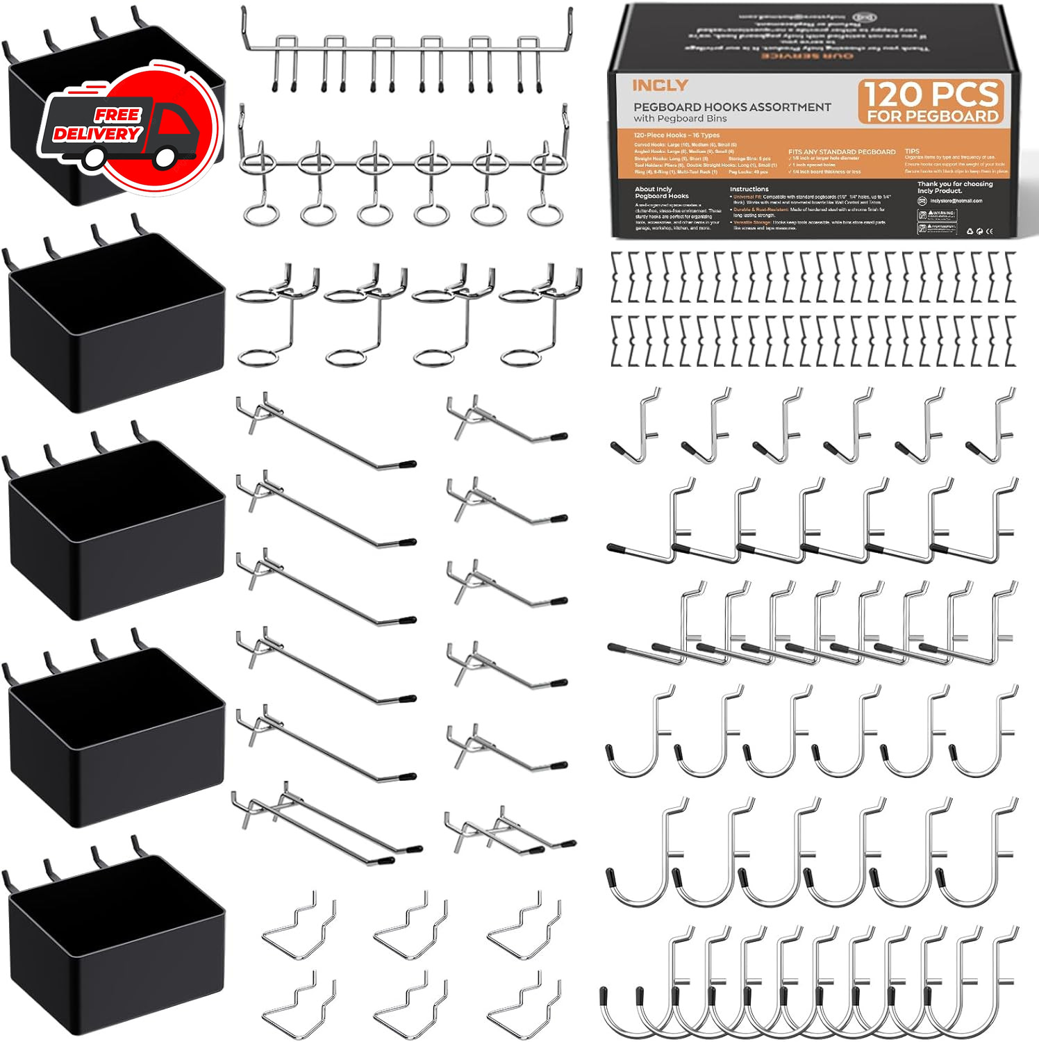 120PCS Pegboard Accessories Organizer Kit, Peg Board Hooks Assortment with Bins