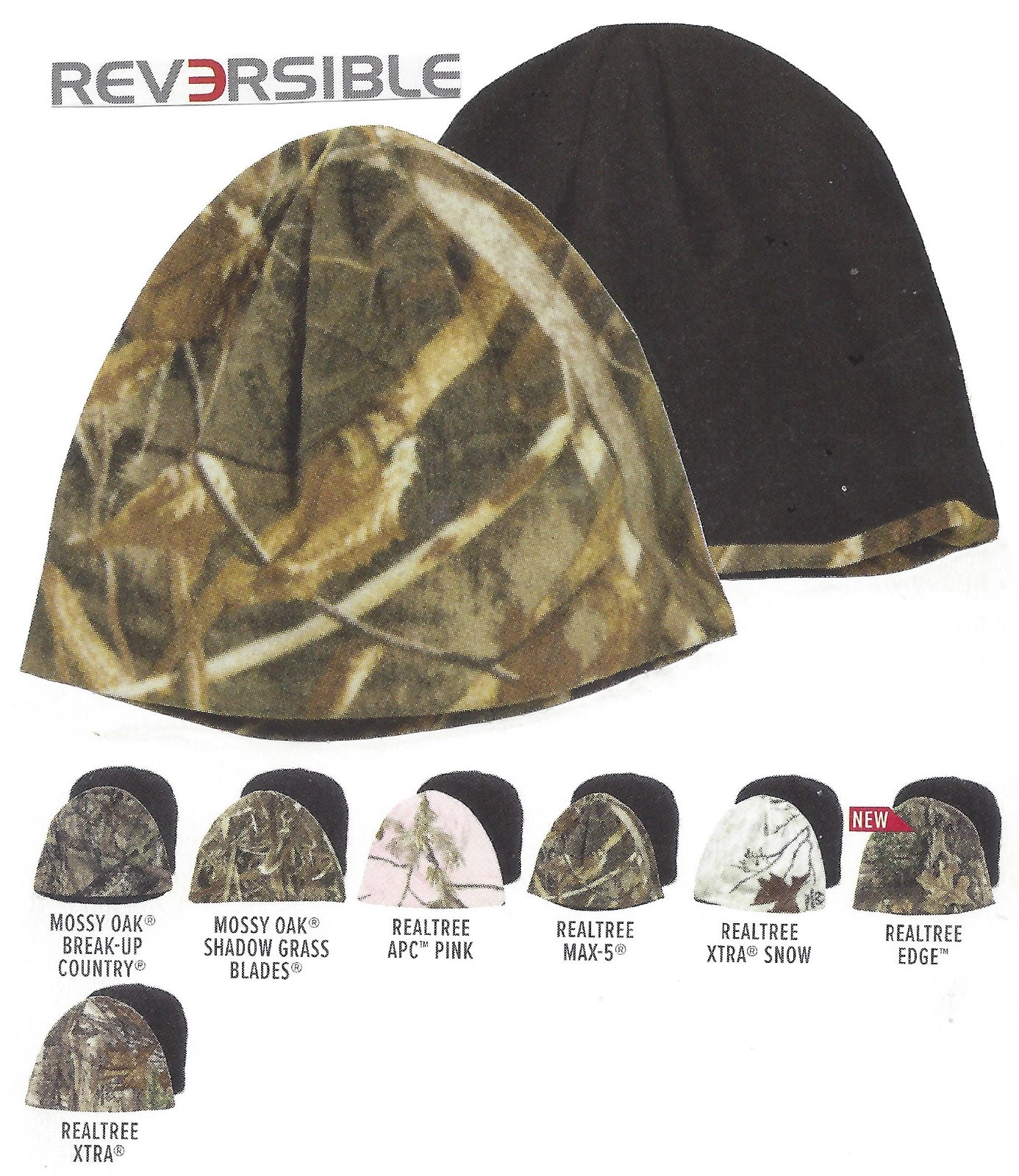 REVERSIBLE Mossy Oak Realtree Camo Fleece/Black Cold Weather Hunting Beanie Cap