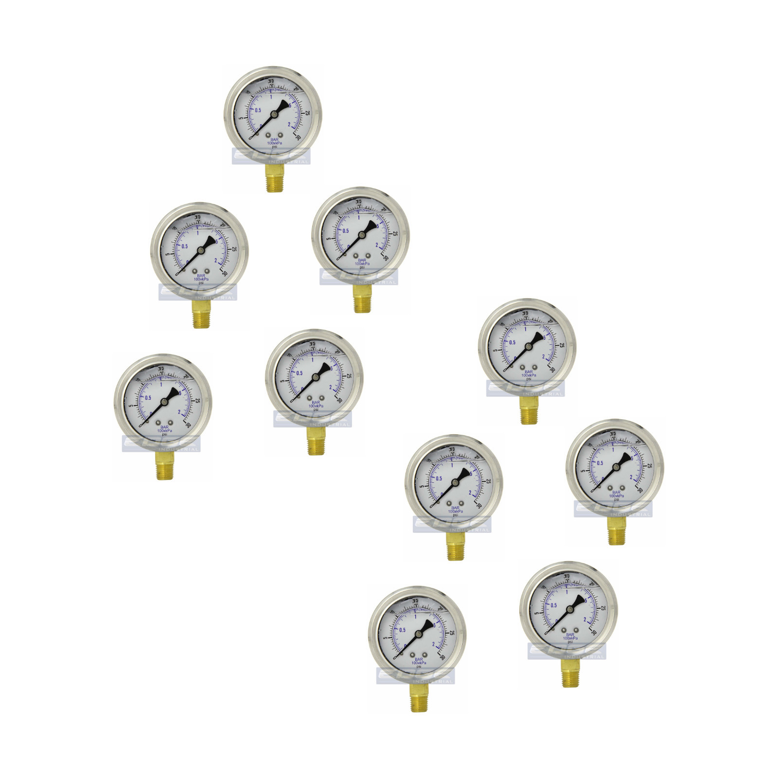 10 PACK LIQUID FILLED PRESSURE GAUGE 0-30 PSI, 2.5" FACE, 1/4" LOWER MOUNT WOG