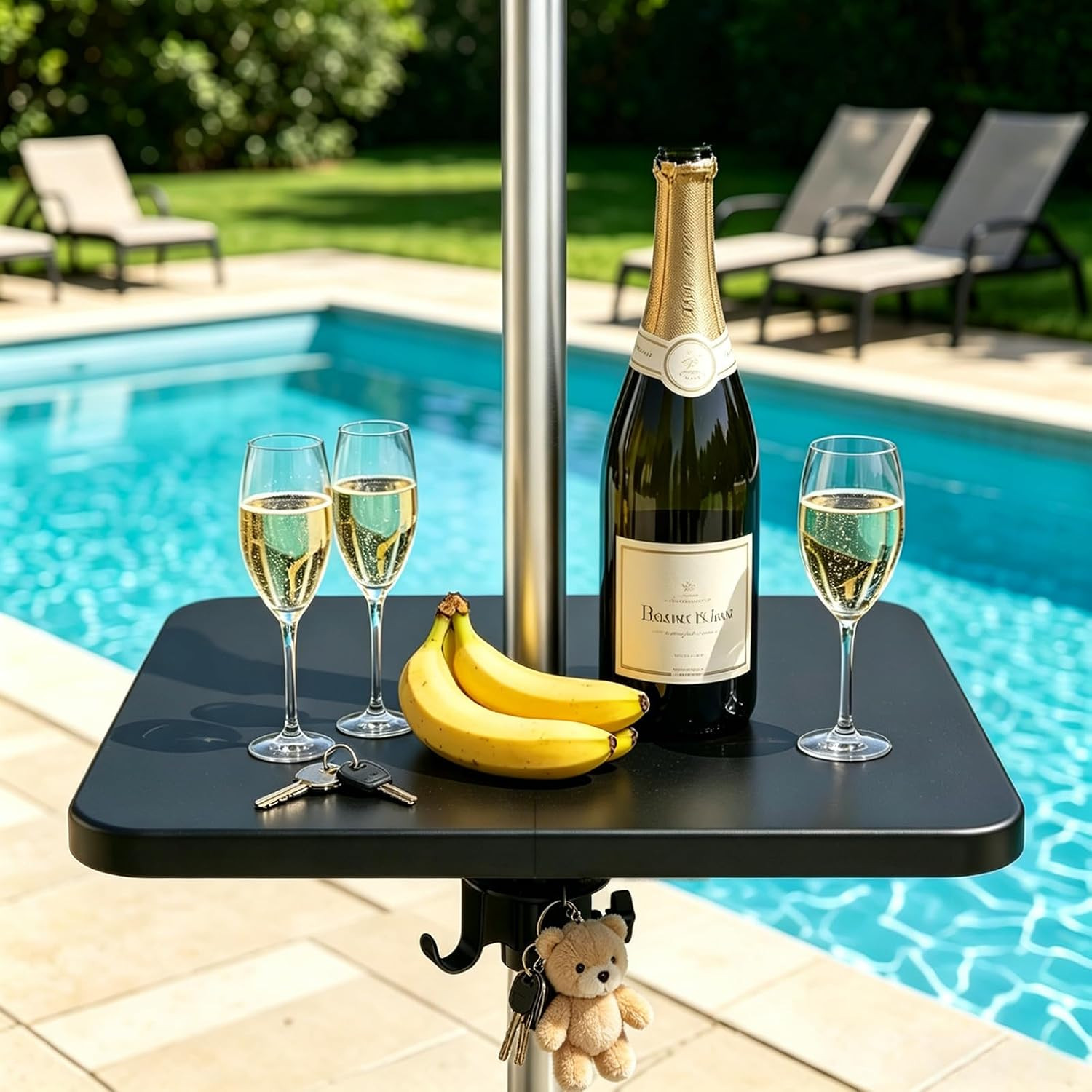 Outdoor Umbrella Table Tray with Hooks, 16.54" Square Black ABS Plastic, Adjusta