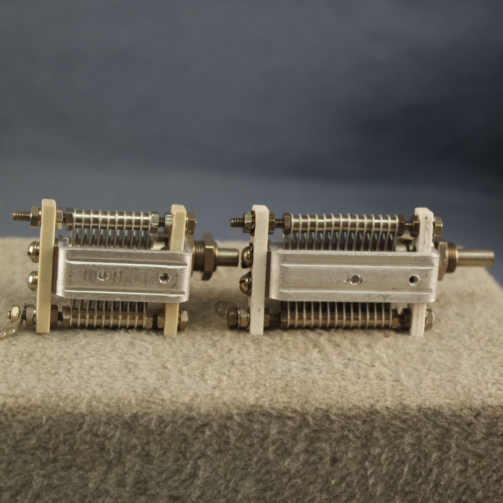 TWO Variable Capacitors 10-114 & 13-155 pf 1/4" Shaft, Same Style Capacitors