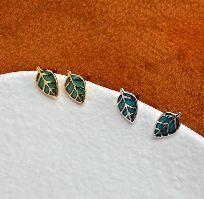 14K Gold Plated 925 Sterling Silver Mini Green Leaf Stud Earrings Enamel Glaze