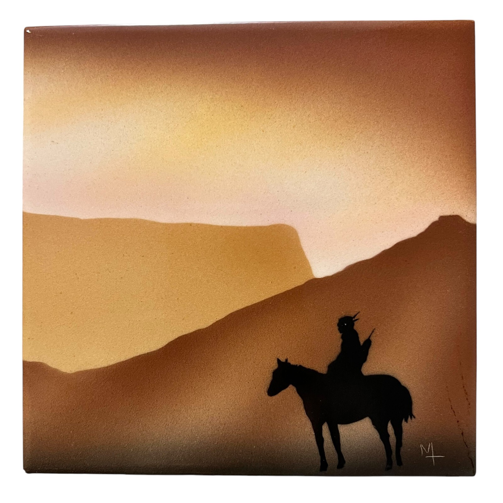 Handmade Native American Art Tile Western Desert Horseback Rider Wall Deco 6x6