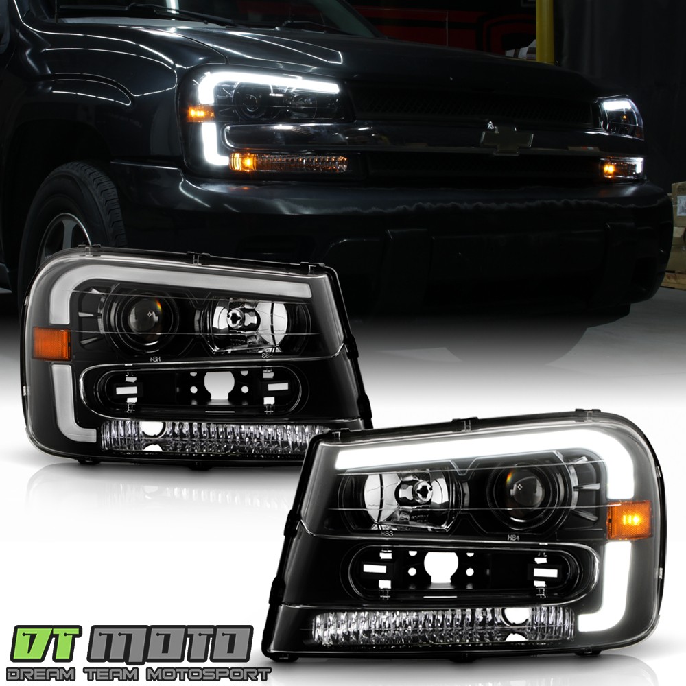 2002-2009 Chevy Trailblazer Black LED Tube Projector Headlights Pair Left+Right
