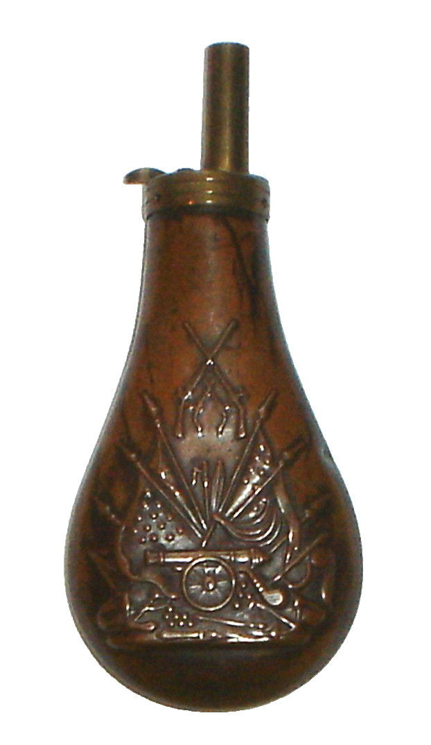 Vintage Copper / Brass Gun Powder Flask w/ US Civil War Cannon, Muskets & Flags