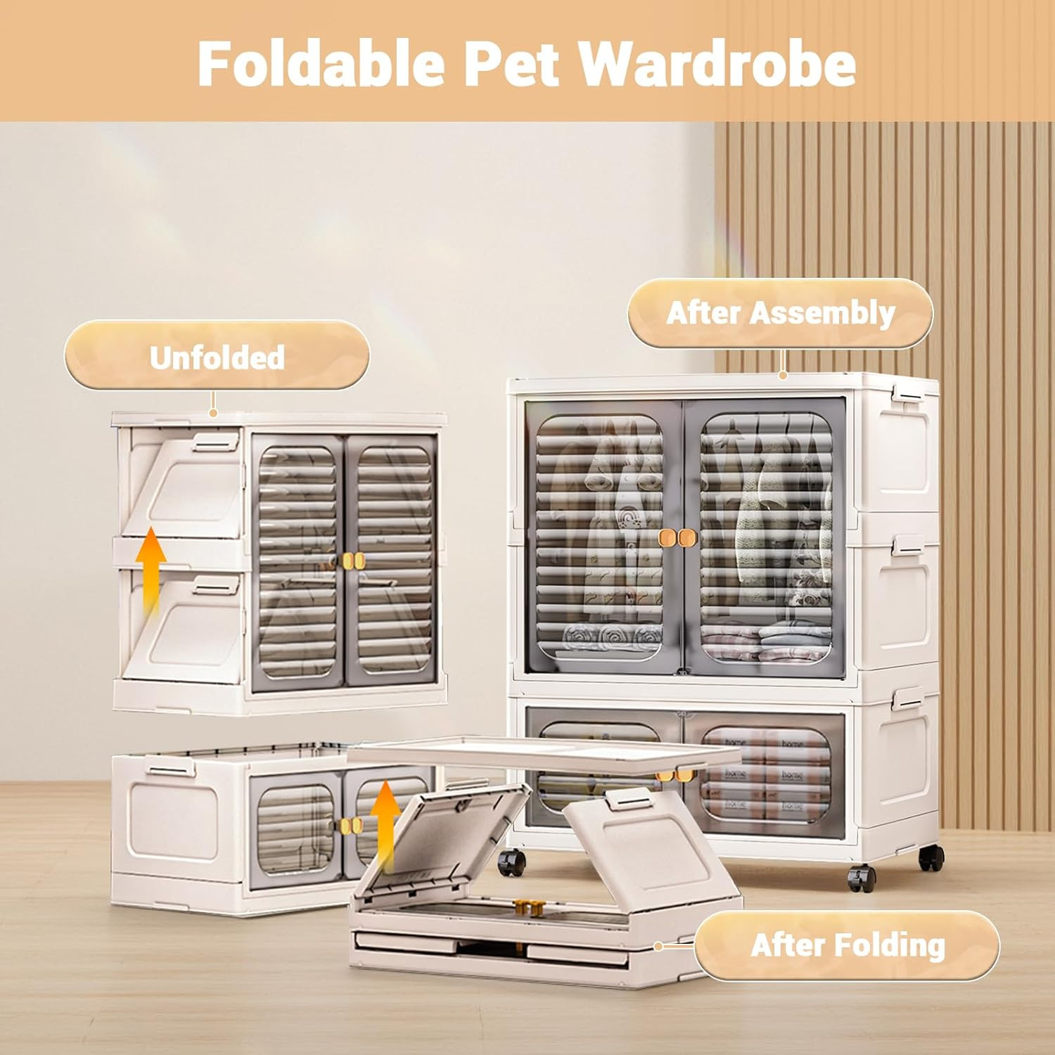 Stackable Storage Bins, Plastic Collapsible Storage Containers with Doors, Wheel