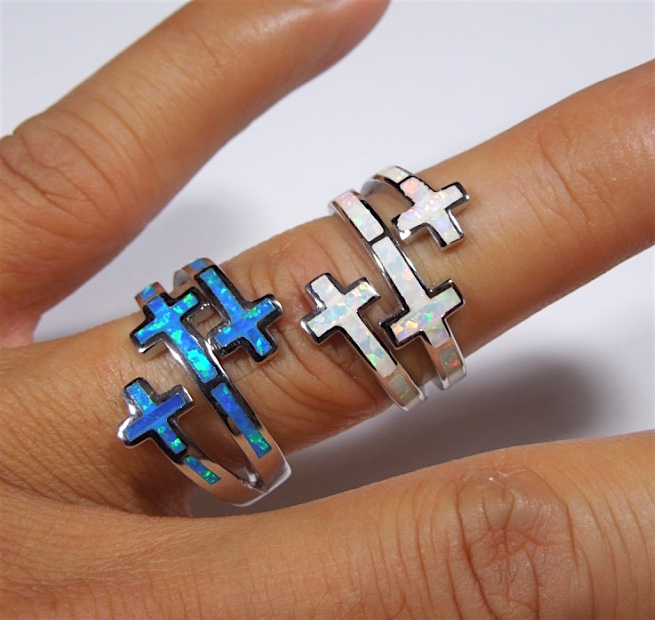 Blue or White Fire Opal Solid 925 Sterling Silver Cross Ring Size 6,7,8,9,10