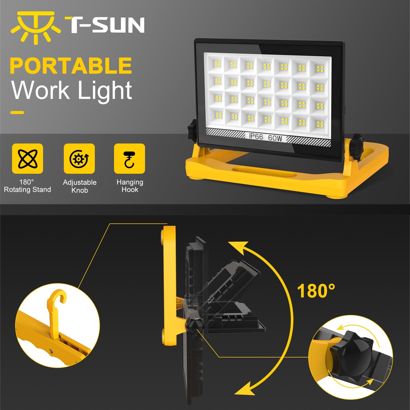 60W LED Work Light Floodlight Stand Portable Emergency Light Garage 3Modes IP66