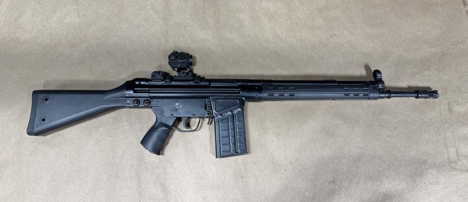Airsoft LCT G3 Rifle with a Holosun Red Dot and Riser