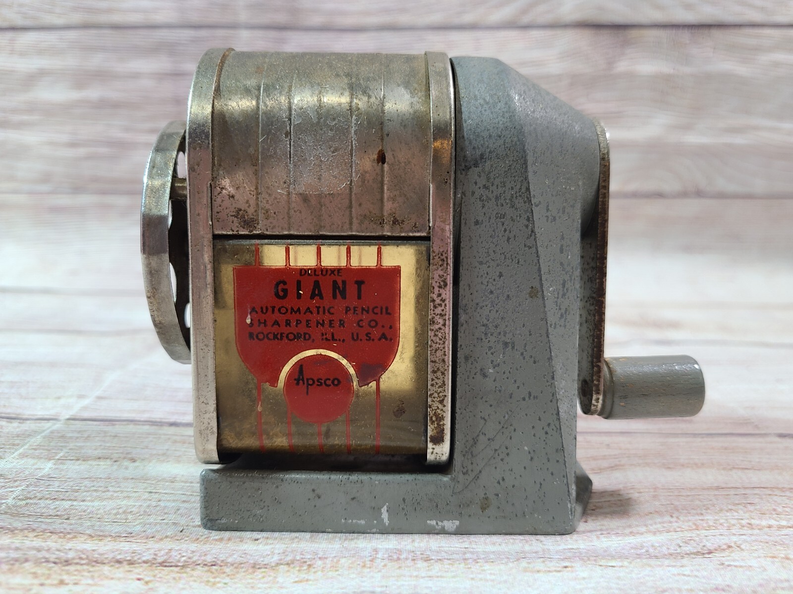 Vintage Apsco Deluxe Giant Pencil Sharpener Manual Hand Crank Wall Table Mount