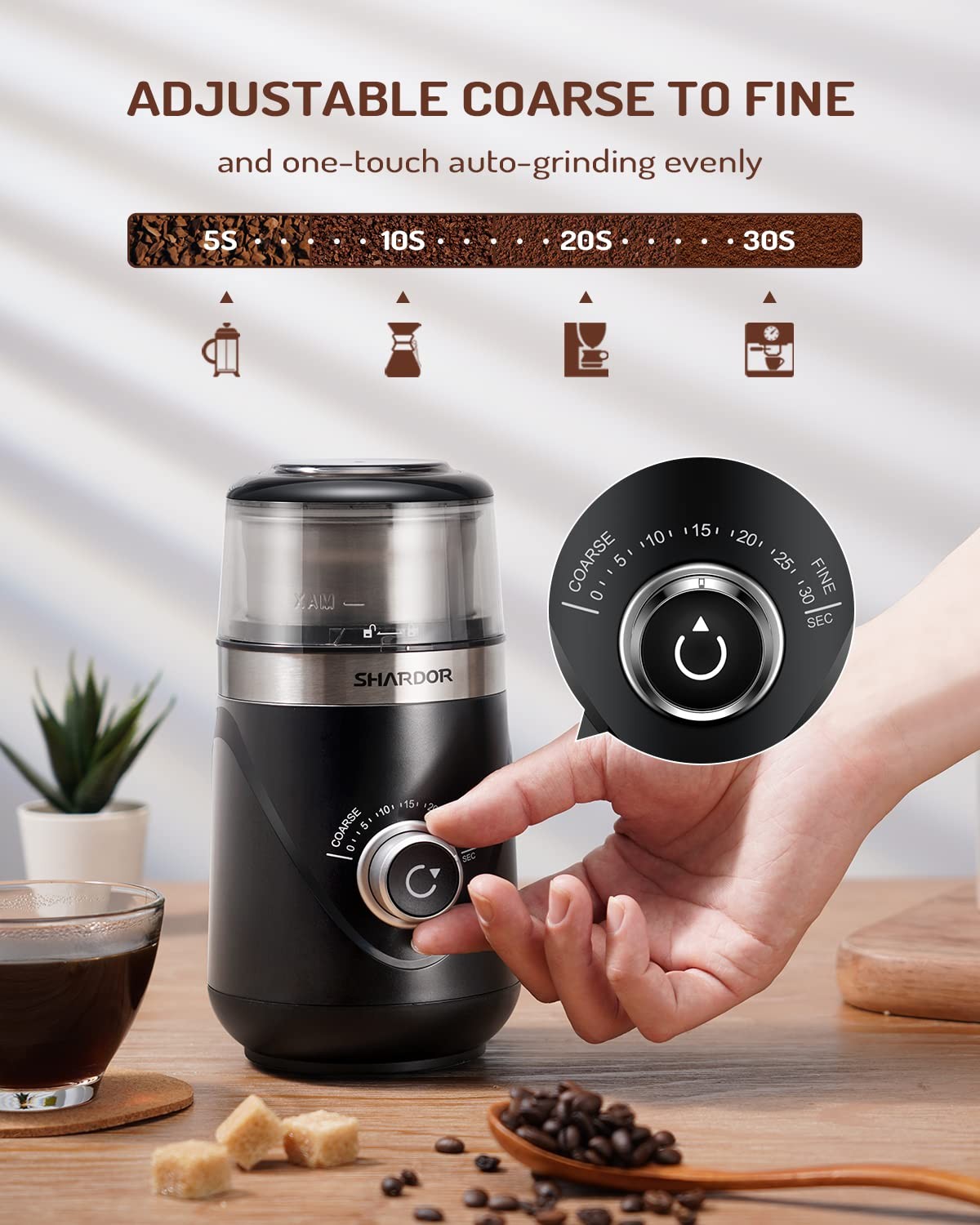 SHARDOR Electric Super Silent Blade Coffee Grinder, Timed Grind Control