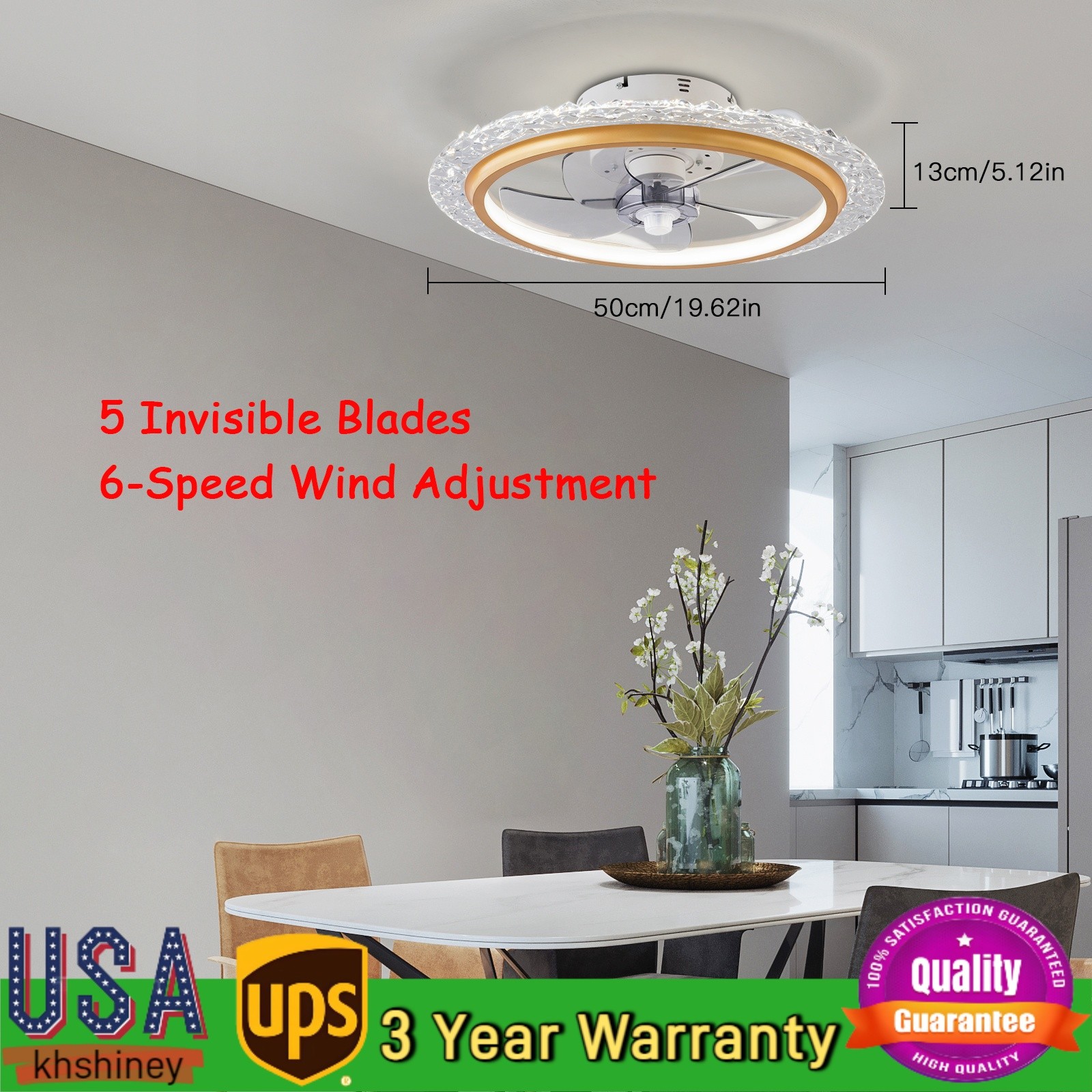 19.2 Inch 5 Invisible Blades Low Profile Ceiling Fan with Lights LED Chandelier
