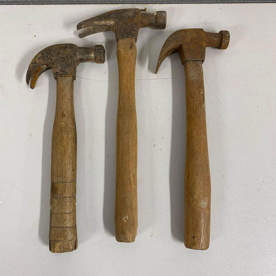 Vintage Set 3 Hammers With Wood Handles Tool