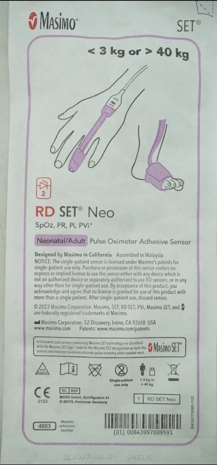 Masimo RD Set Neo Pulse Oximeter Adhesive Sensor 3kg-40kg REF 4003 Exp Aug 2028