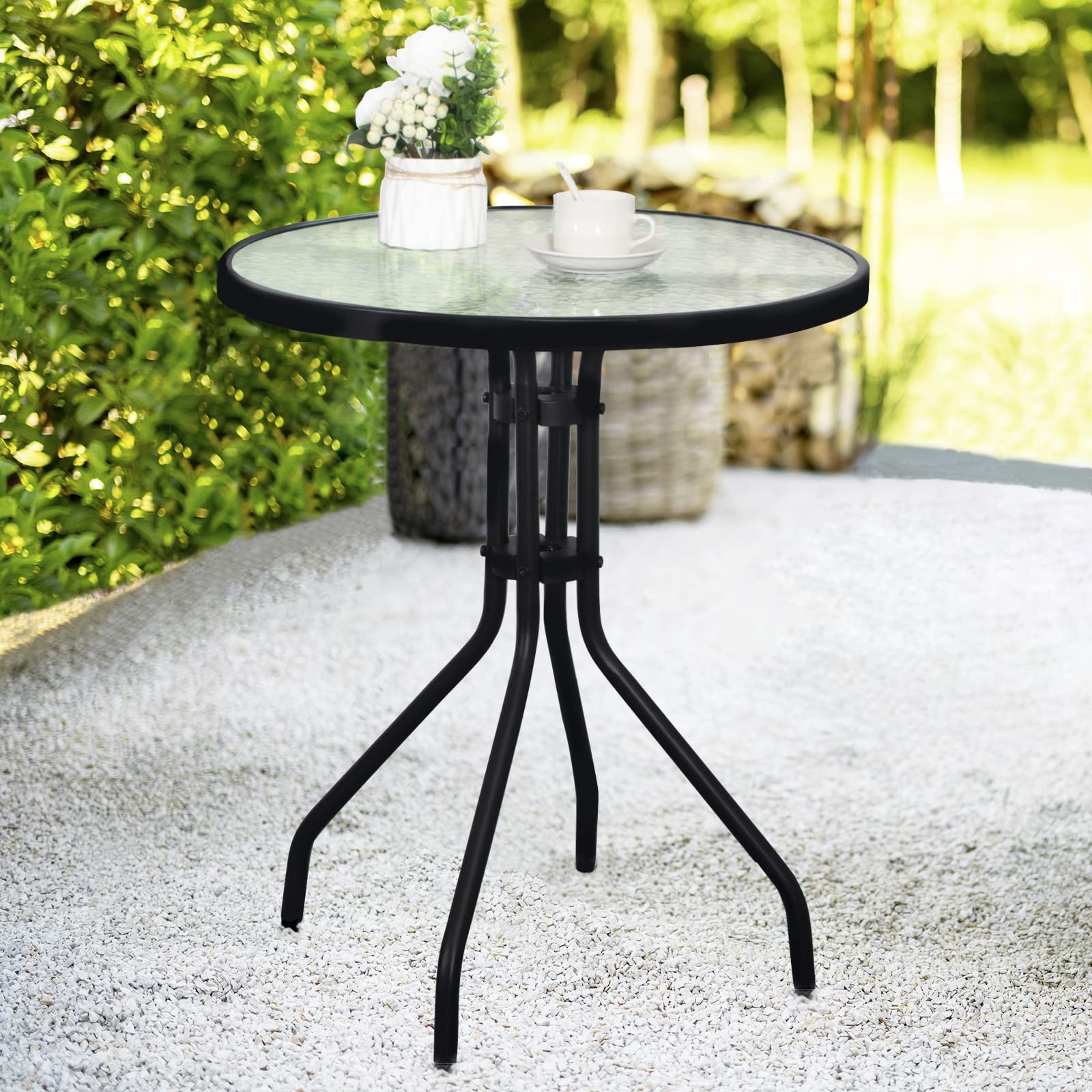 Outdoor Side Table Patio Metal Round Coffee Table Glass Top Black 24 Inch