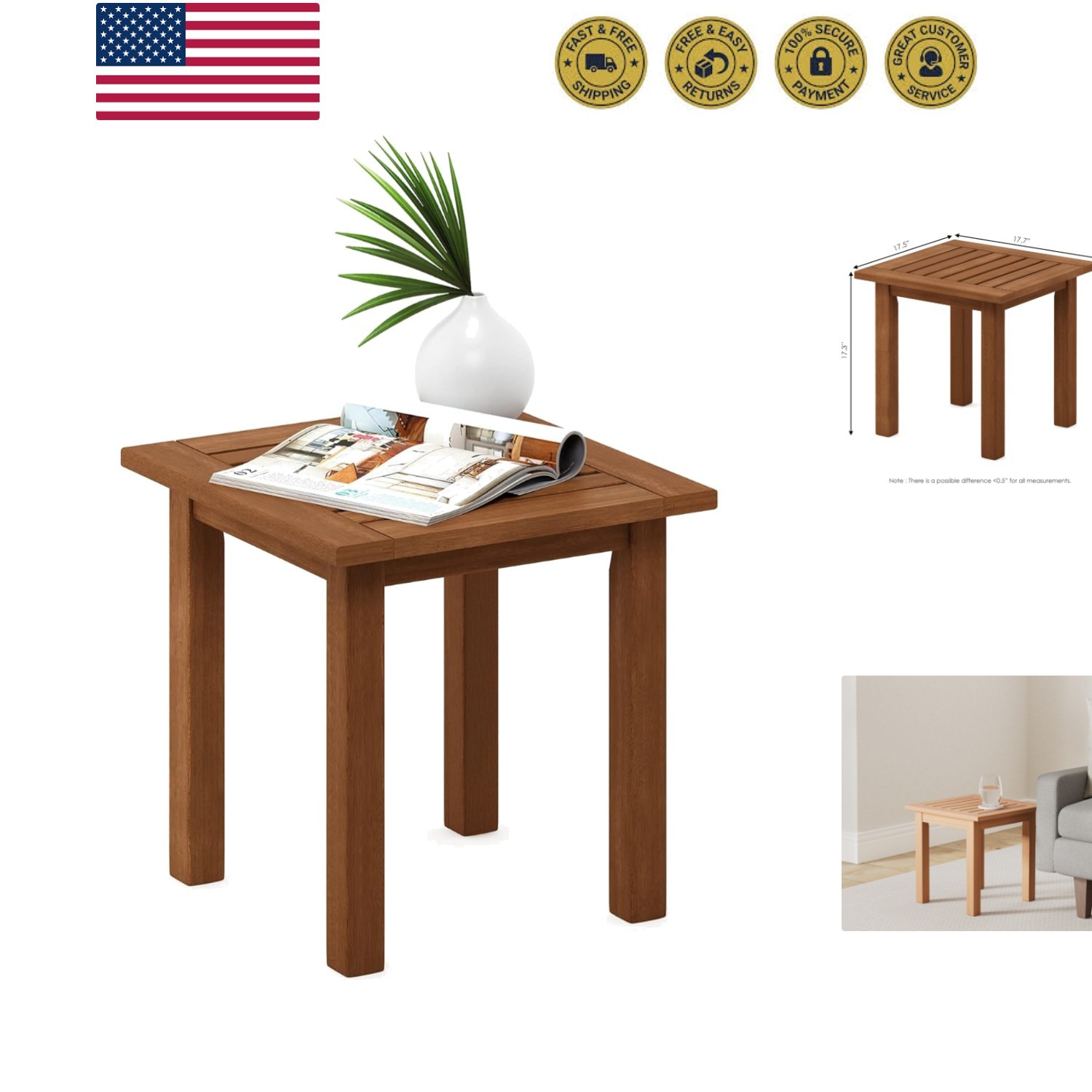 FG18506 Tioman Hardwood Patio Furniture Outdoor End Table, Natural