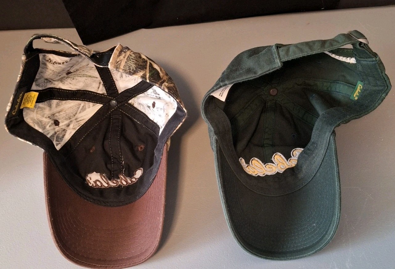 Lot Of 2 Cabelas Hats Adjustable Camo & Green Hunting, Fishing, Outdoors
