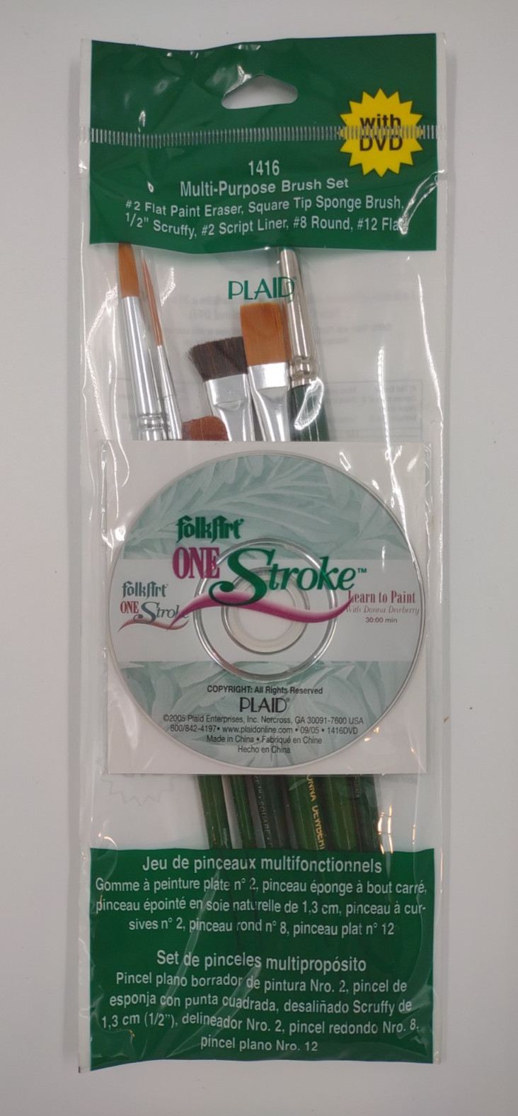 NIP Plaid FolkArt One Stroke 1416 Multi-Purpose Brush Set with DVD Eraser Sponge
