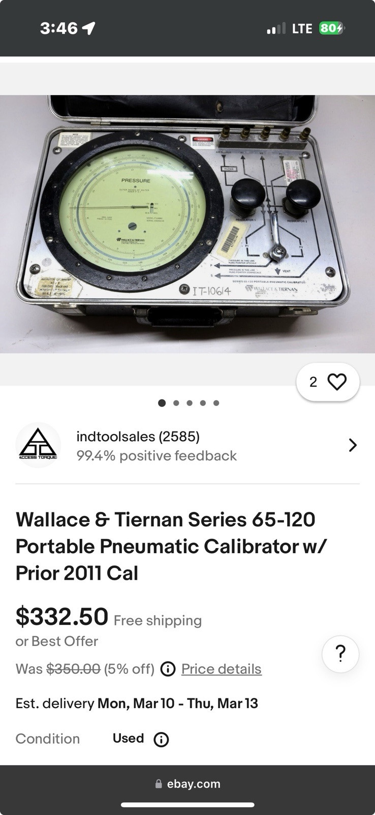 Wallace & Tiernan Series 65-120 Portable Pneumatic Calibrator w/ Prior 2011 Cal