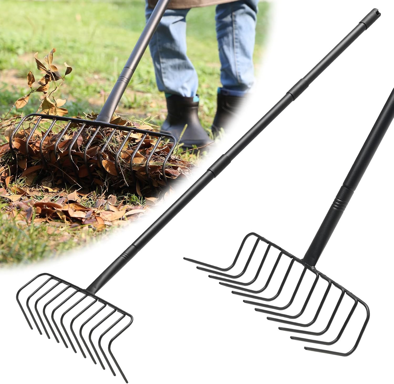 Garden Rake for Leaves, 60 Inch Heavy Duty Rakes for Lawns Yard Mulch Gathering,