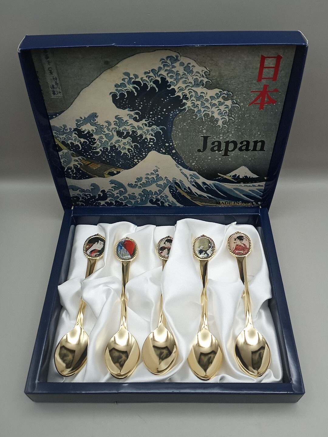 Gold-Tone Japanese (5) Piece Stainless Steel Decorative Spoon Set In Lined Box
