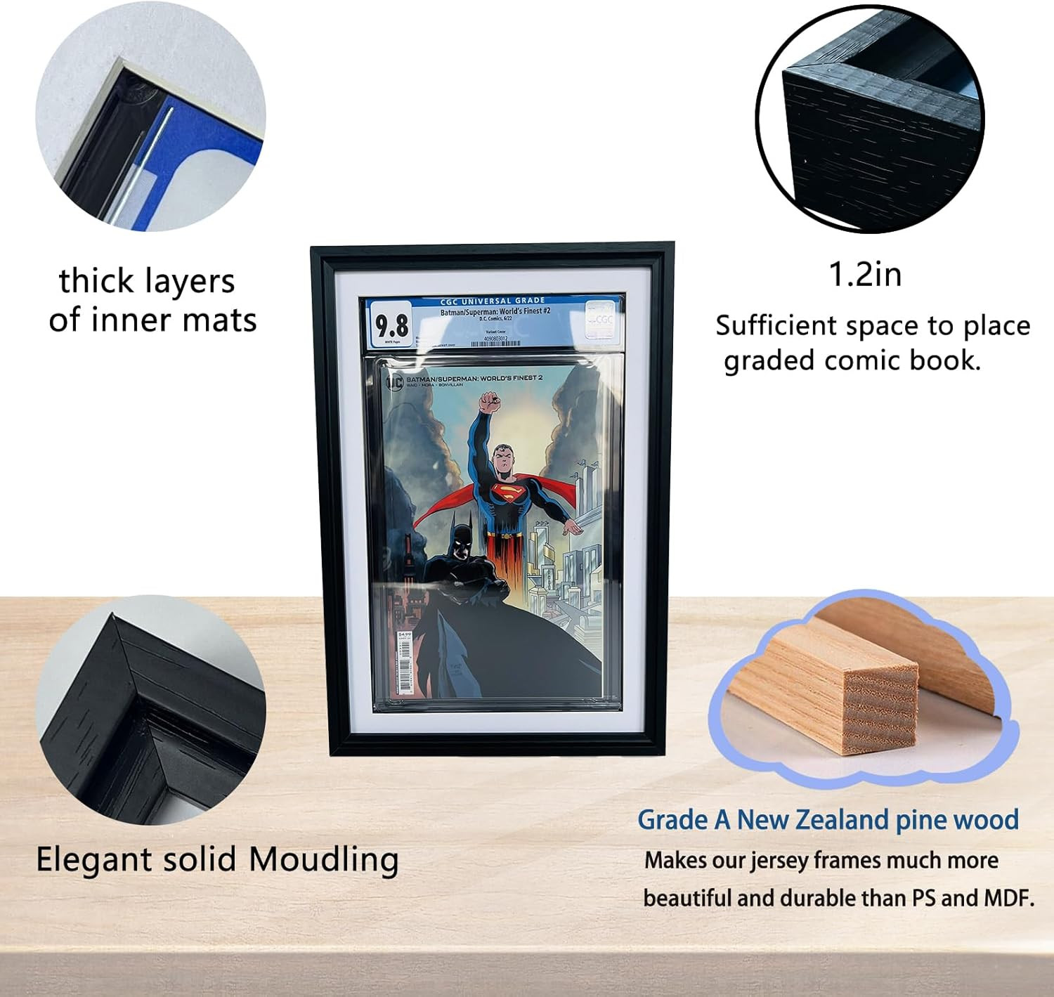 Single Graded Comic Book Frame for Standard CGC Graded Comic Books,Solid Wood (W