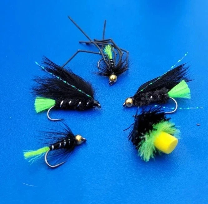 5 PACK BARBLESS VIVA black and green Trout Flies Nymph Fly Fishing # 10 and 12