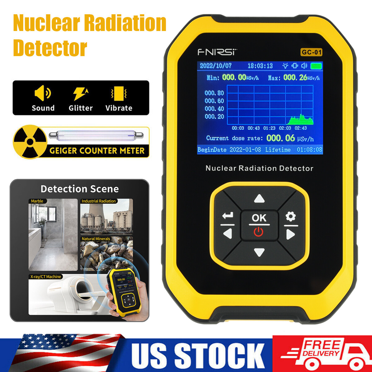 Nuclear Radiation Geiger Counter Tube Detector β, γ, X-Ray Dosimeter Monitor US.