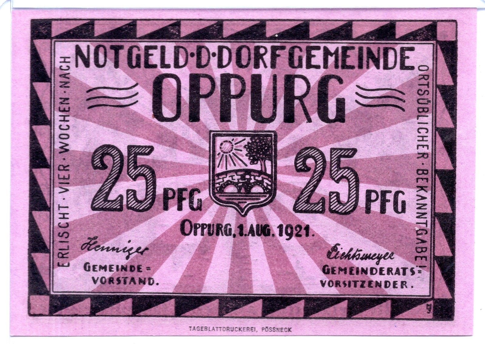 1921 Germany Oppurg Notgeld 25 Pfennig Note (NG14)