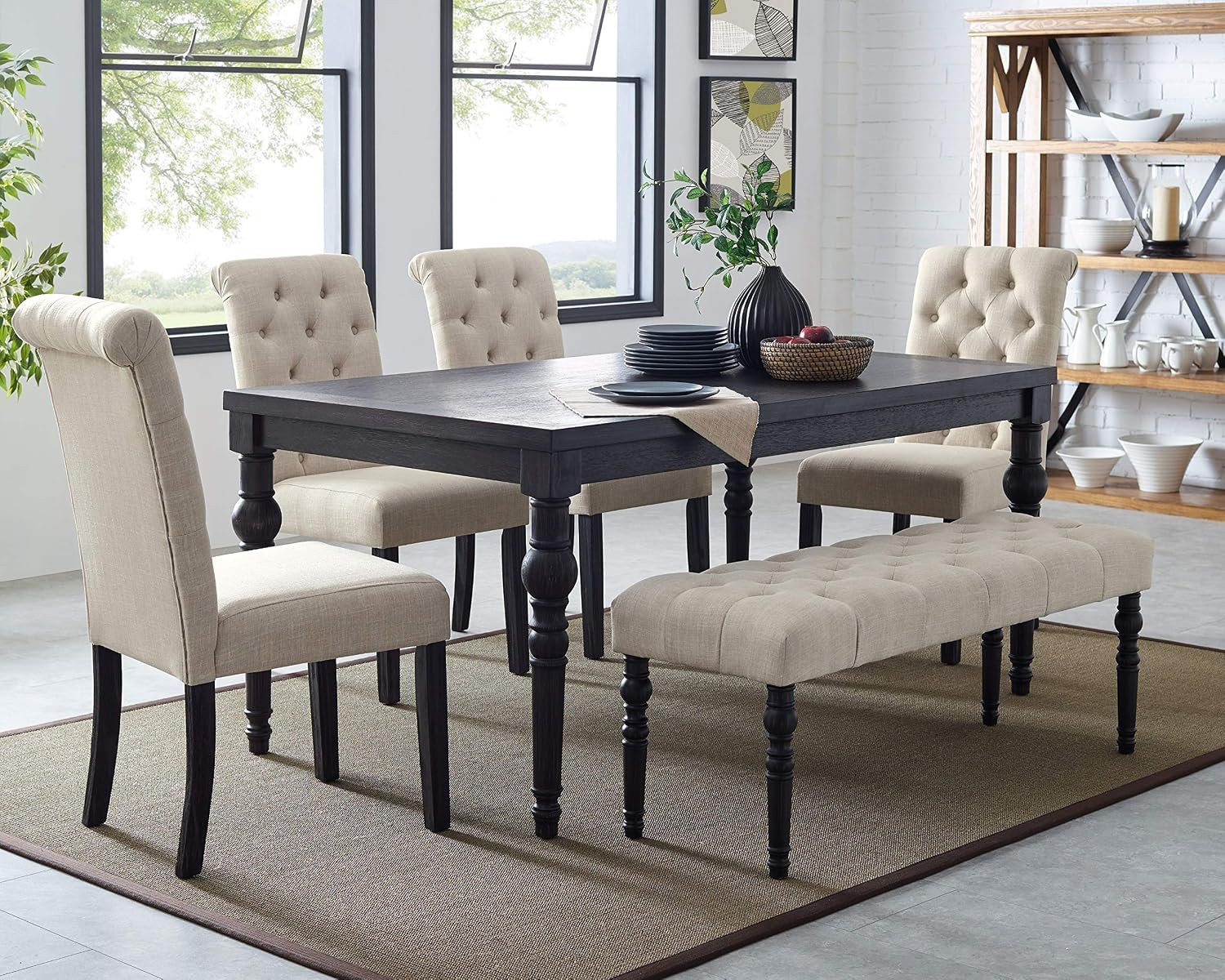 Leviton Urban Style Dark Washed Wood Dining Set: Table, 4 Chairs and Bench, Tan