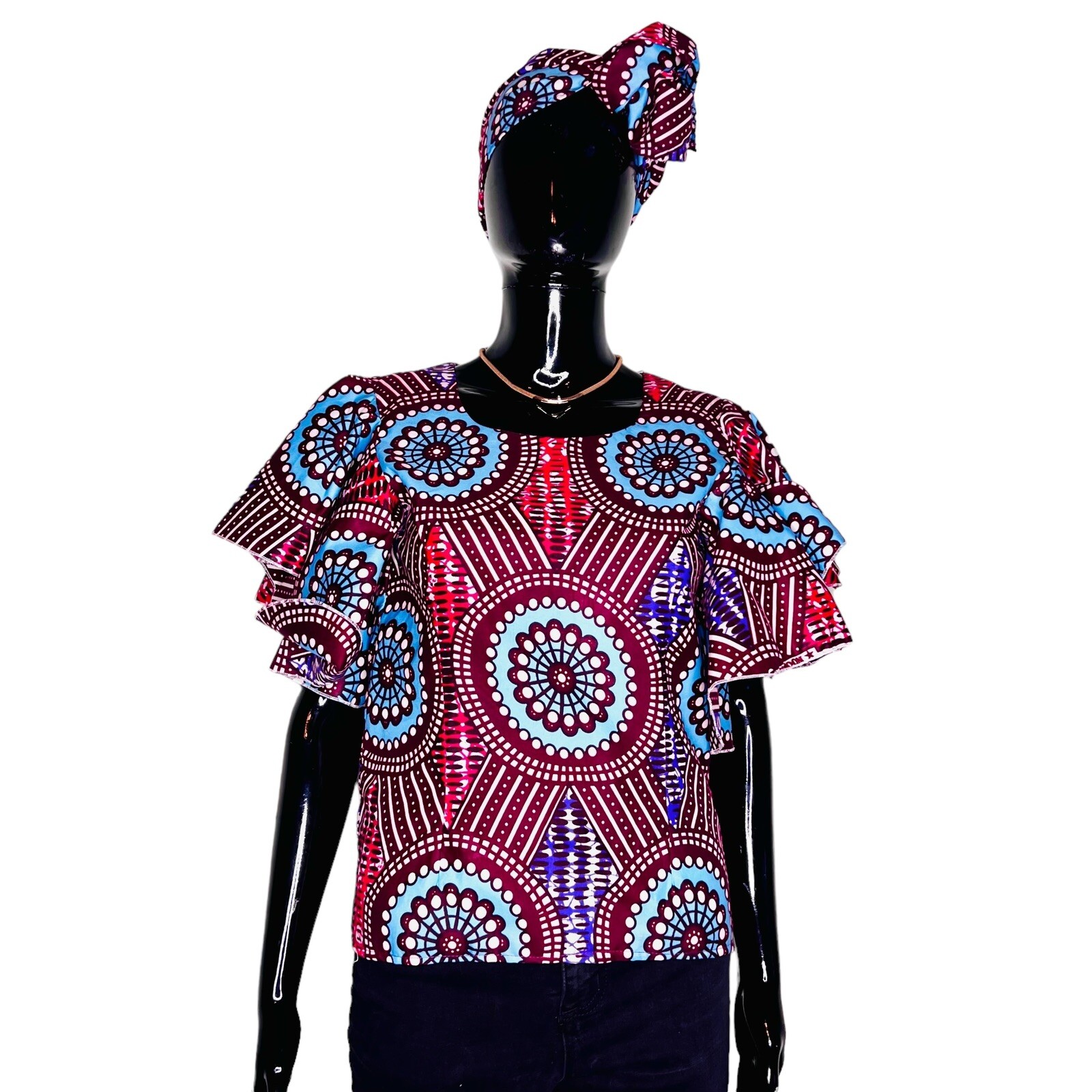 African Print Women Multicolored Butterfly Sleeve Blouse w/ Scarf